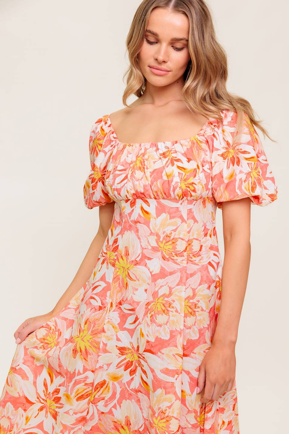 OCEAN FLORALS CORAL WOVEN MIDI DRESS Flying Tomato