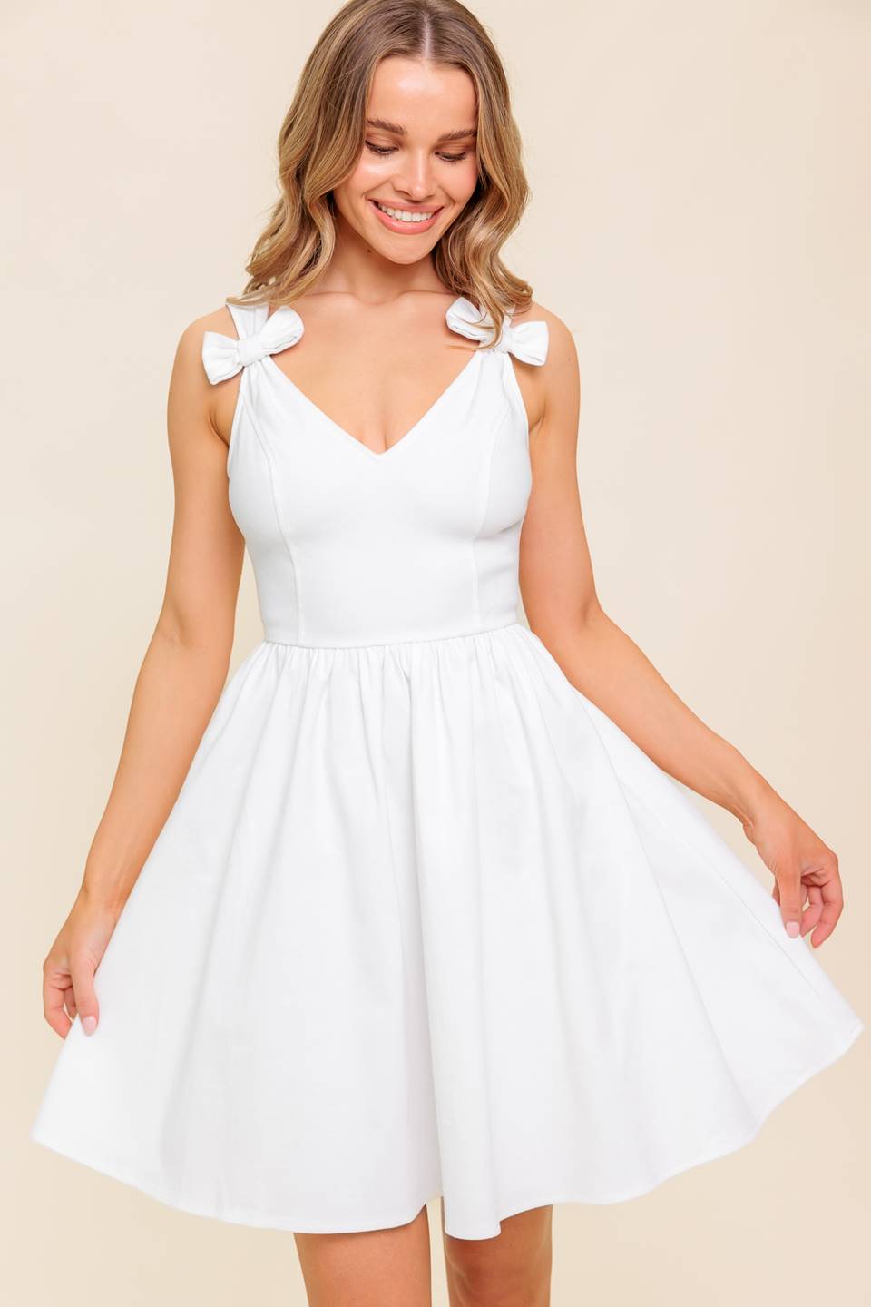 Lovable Spirit White Denim Mini Dress V Neck Bow Straps