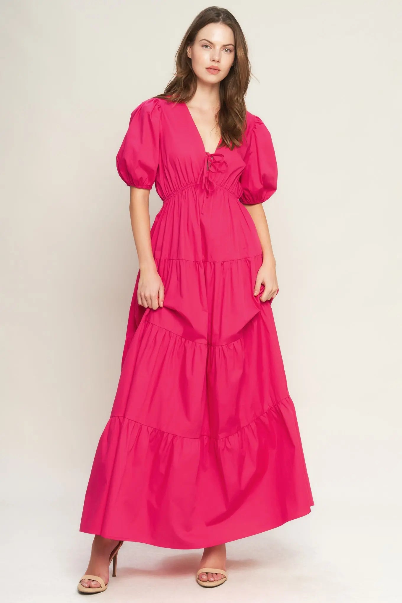 Fuchsia Cotton Woven Maxi Dress With V Neck Front Bow Closure And Puff Sleeves Flying Tomato