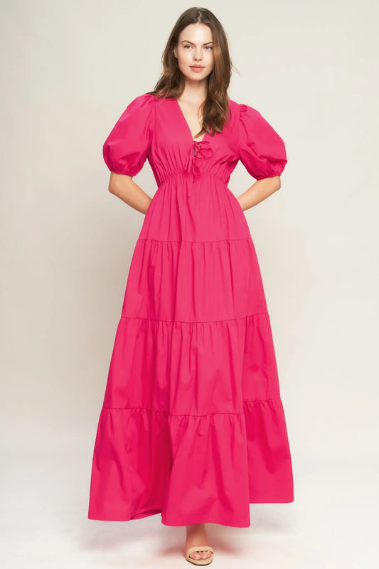 Fuchsia Cotton Woven Maxi Dress With V Neck Front Bow Closure And Puff Sleeves Flying Tomato