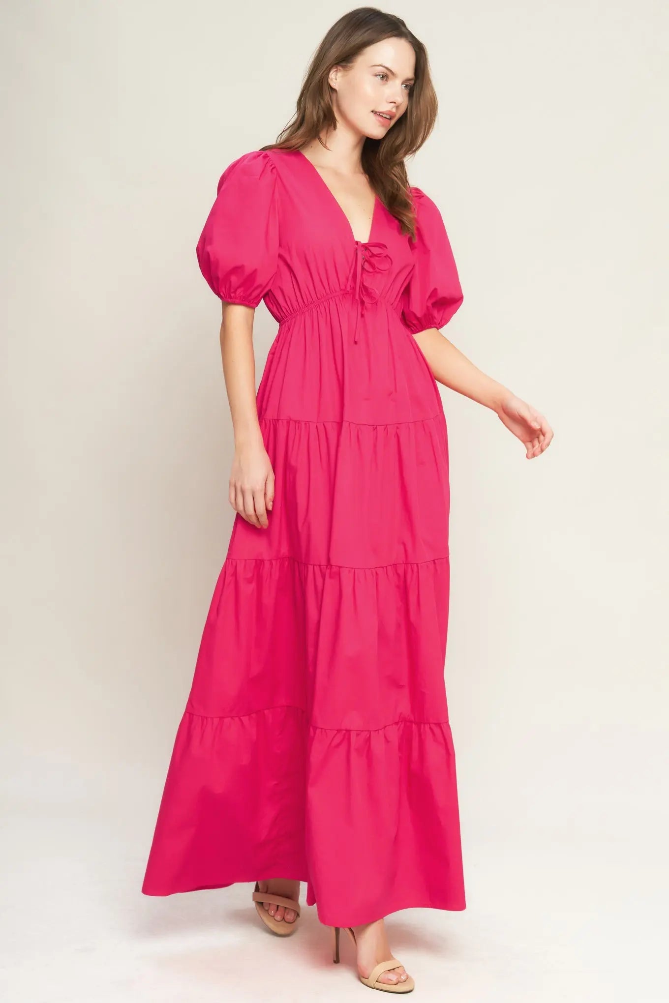 Fuchsia Cotton Woven Maxi Dress With V Neck Front Bow Closure And Puff Sleeves Flying Tomato