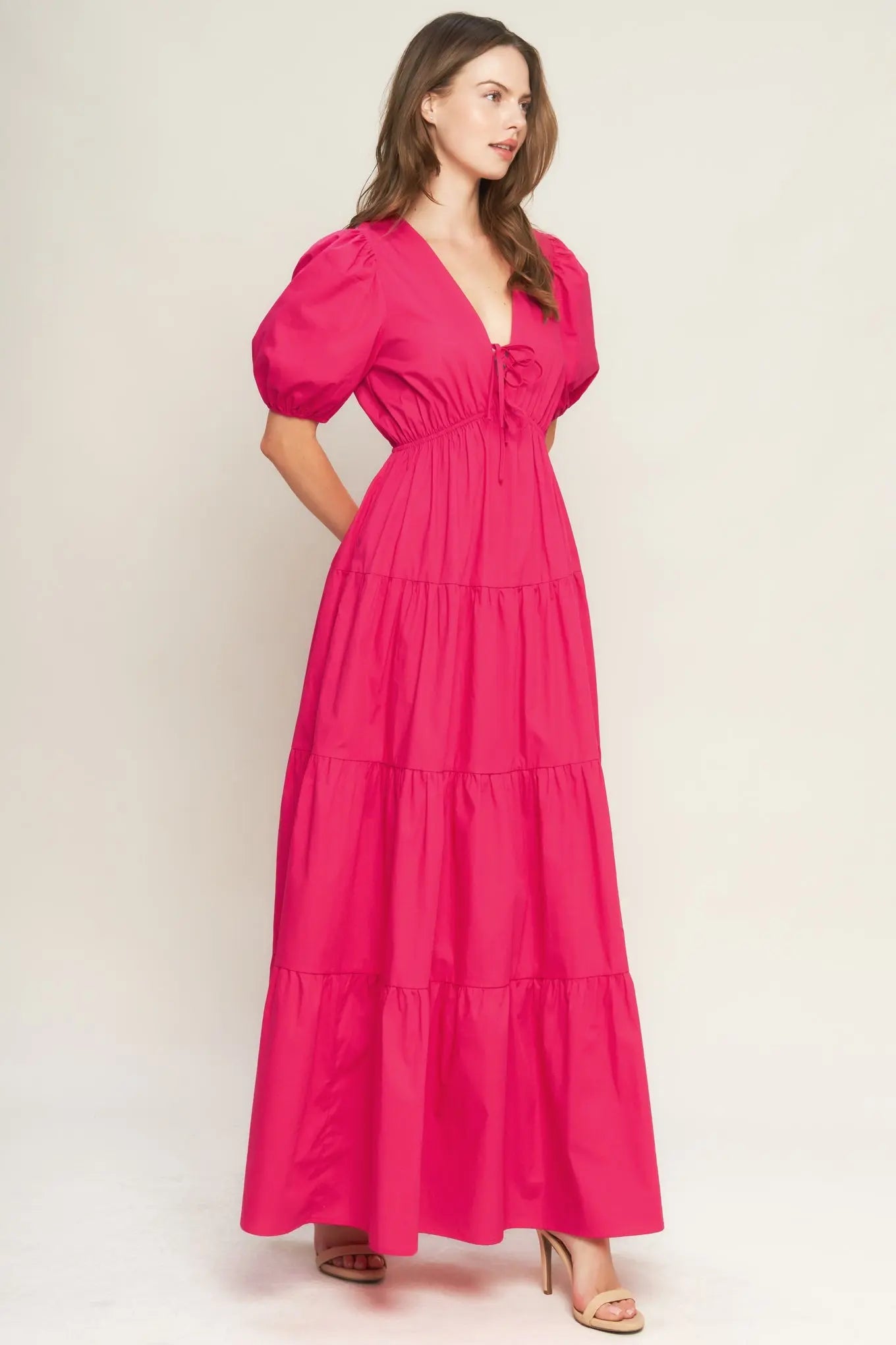 Fuchsia Cotton Woven Maxi Dress With V Neck Front Bow Closure And Puff Sleeves Flying Tomato