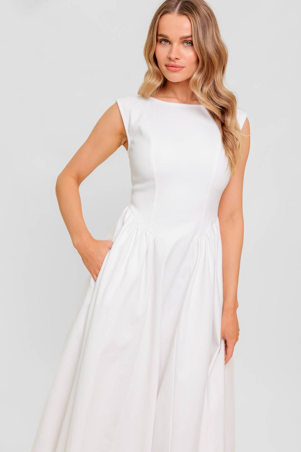 Candle Vine White Denim Woven Midi Dress Sleeveless U Back