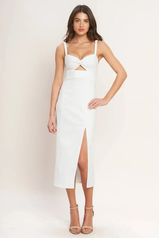 Silent Shin Twill Midi Dress With Sweetheart Neckline Braided Straps Back Zipper Flying Tomato