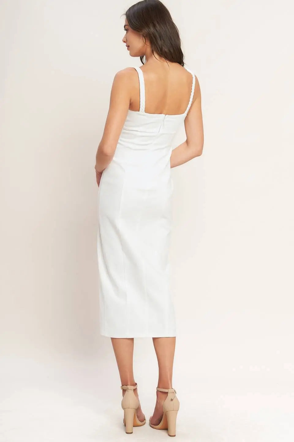 Silent Shin Twill Midi Dress With Sweetheart Neckline Braided Straps Back Zipper Flying Tomato