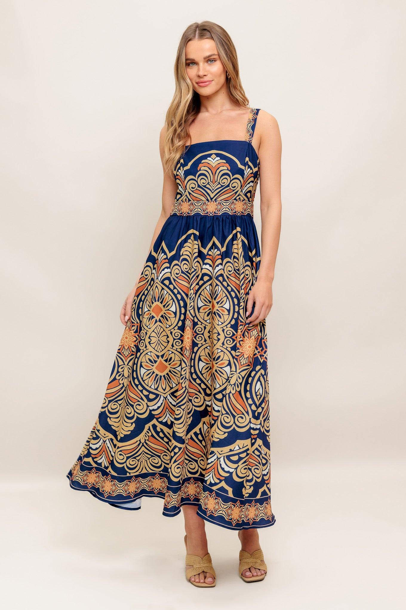 Model wears the Flying Tomato Sahara Dreams Woven Midi Dress, showcasing its flowy silhouette and bohemian style, perfect for summer.