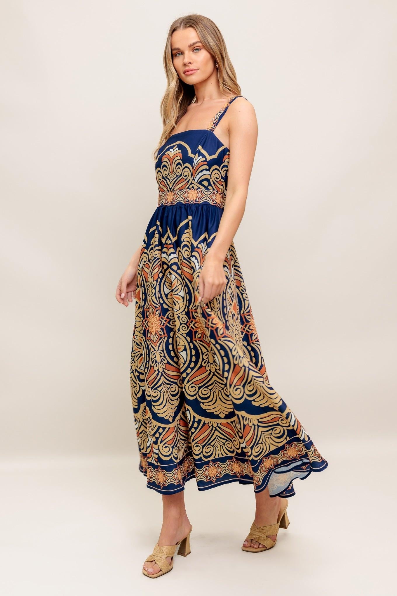 Full back view of the Flying Tomato Sahara Dreams Woven Midi Dress, highlighting its comfortable fit and intricate bohemian pattern details.