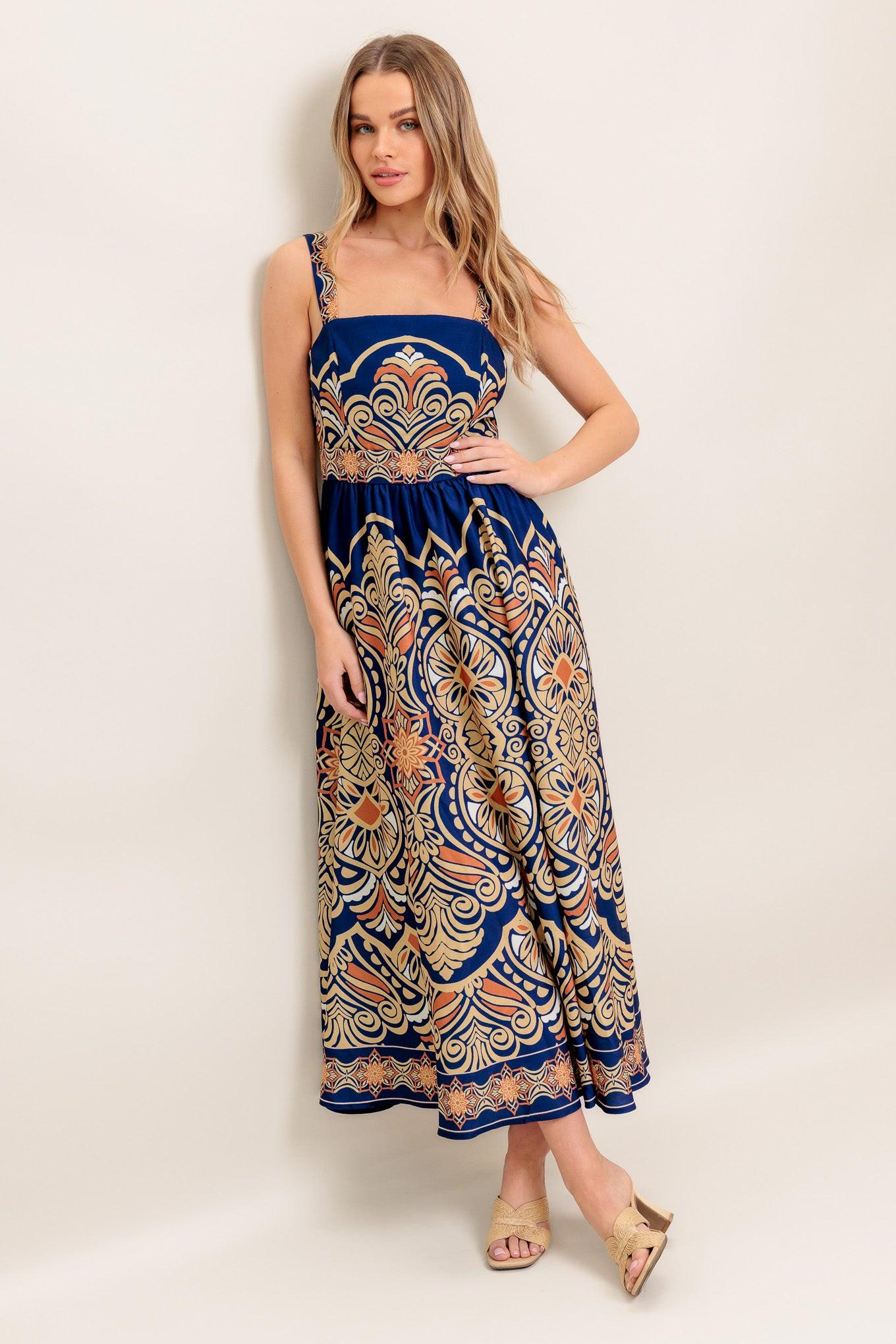 Flying Tomato Sahara Dreams Woven Midi Dress, showcasing its full length and intricate woven fabric, ideal for quality bohemi