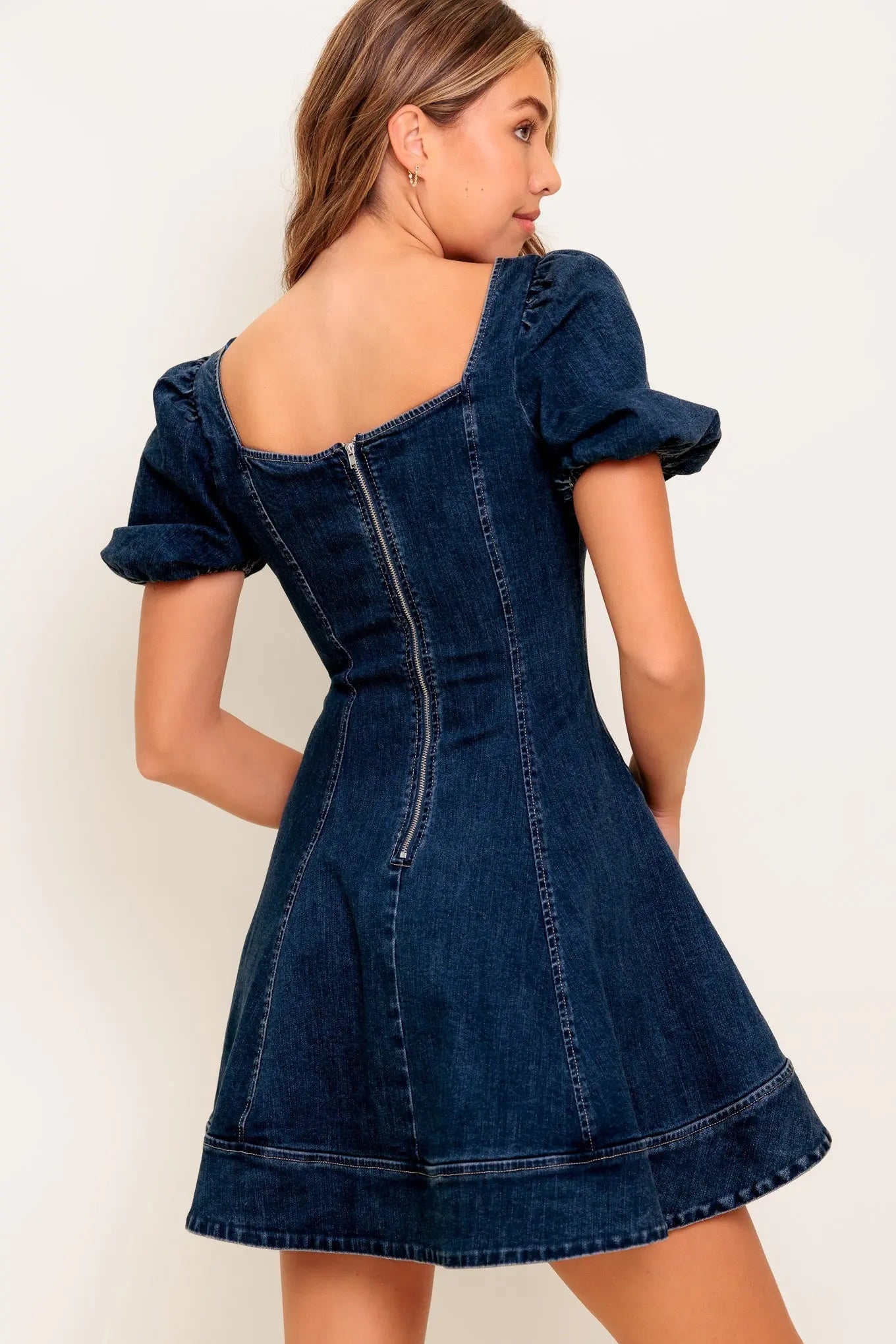 Dark Midnight Denim Mini Dress With Square Neckline Puff Sleeves Back Zipper Flying Tomato