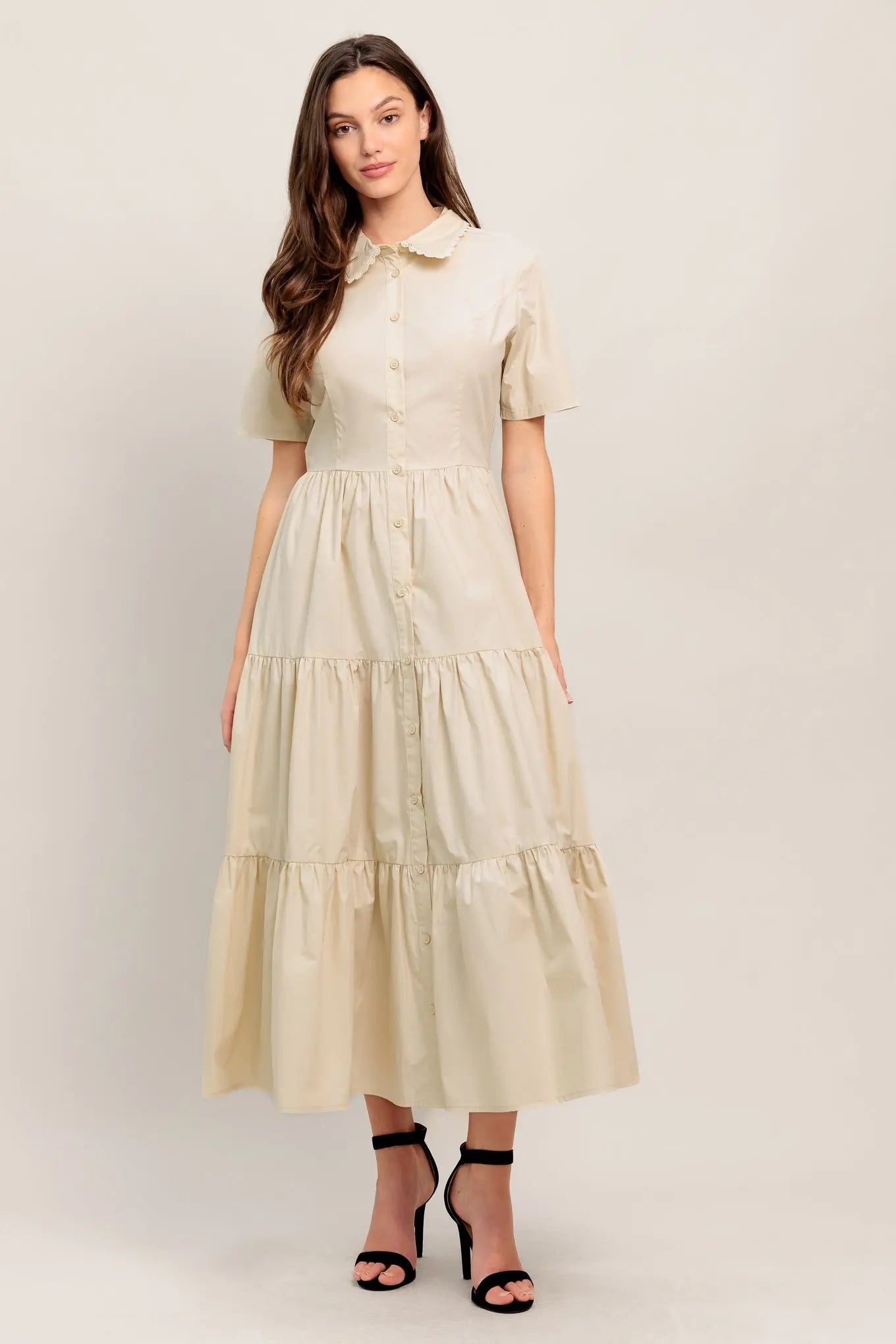 Worth The Wait Cotton Woven Midi Dress With Lace Trim Collar Flying Tomato