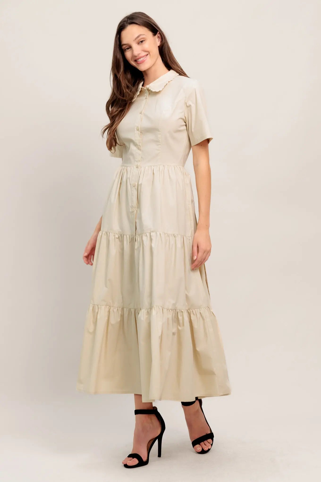 Worth The Wait Cotton Woven Midi Dress With Lace Trim Collar Flying Tomato