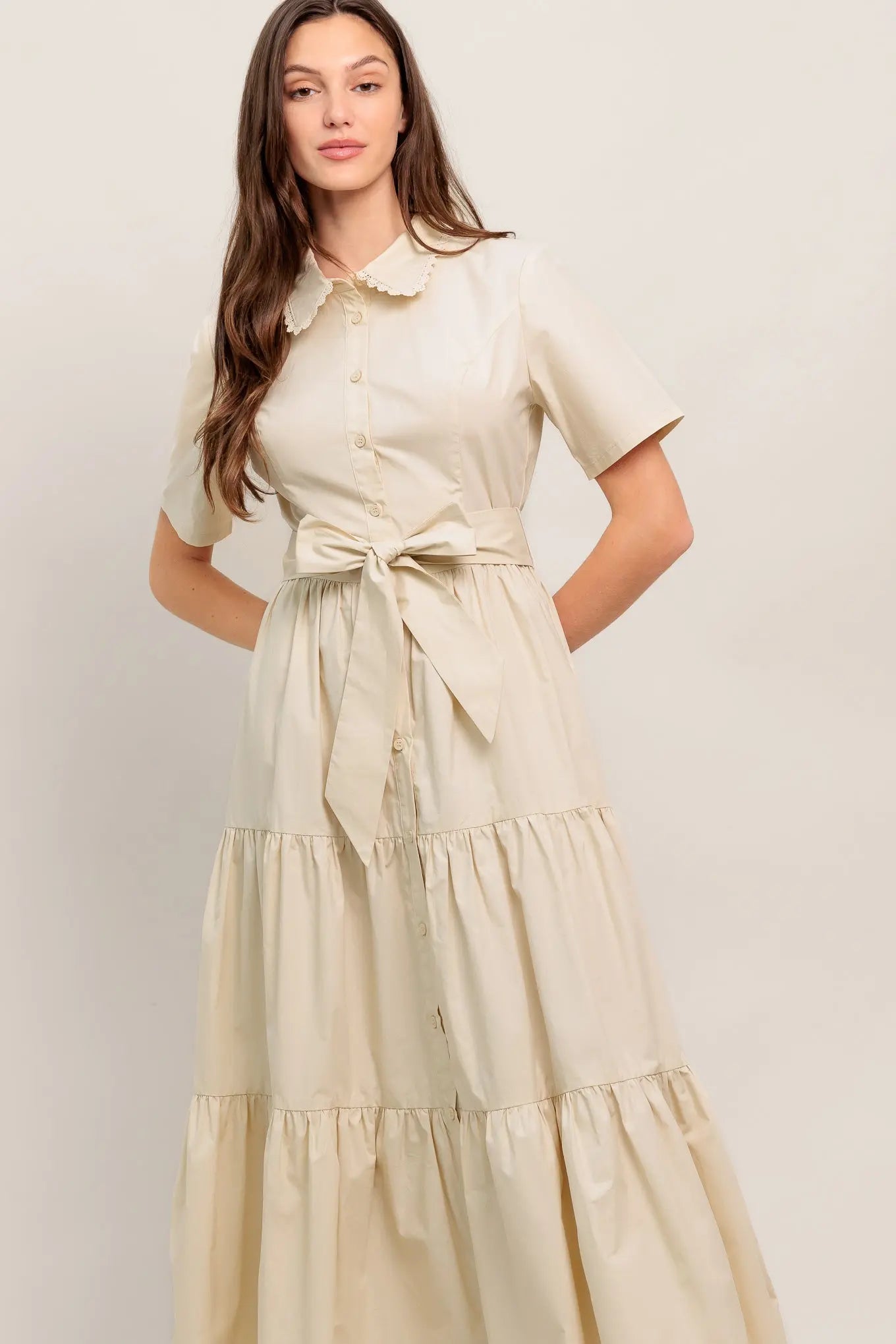 Worth The Wait Cotton Woven Midi Dress With Lace Trim Collar Flying Tomato