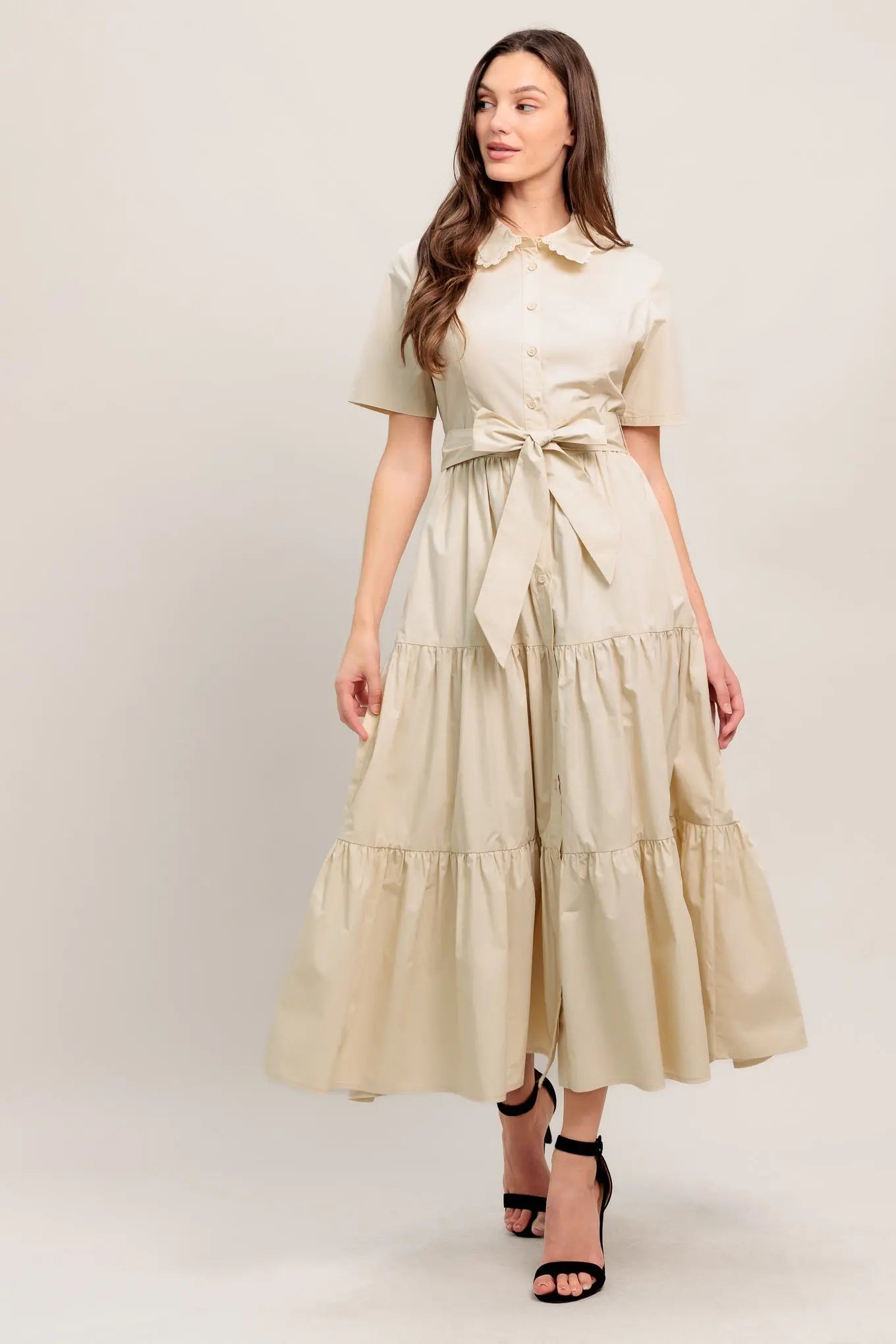 Worth The Wait Cotton Woven Midi Dress With Lace Trim Collar Flying Tomato