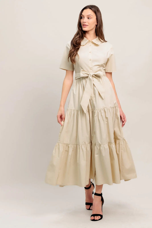 Worth The Wait Cotton Woven Midi Dress With Lace Trim Collar Flying Tomato