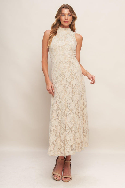 Flying Tomato Elegant Floral Stretch Lace Midi Dress, full view, showcasing intricate lace patterns and graceful silhouette.