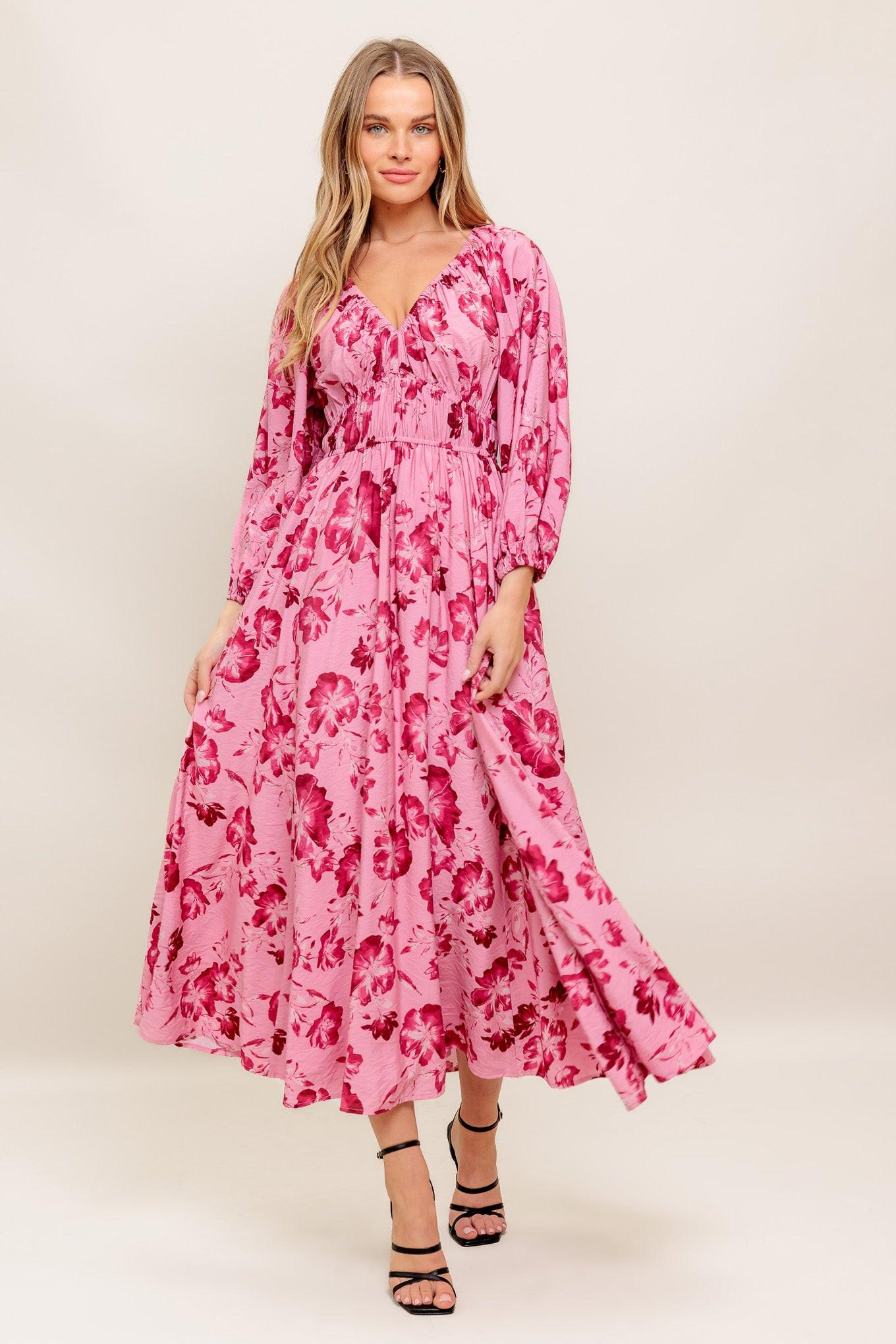 Flying Tomato Honey Bun Mouve Woven Midi Dress, showcasing its elegant full length and rich mouve hue. A quality woven dress 
