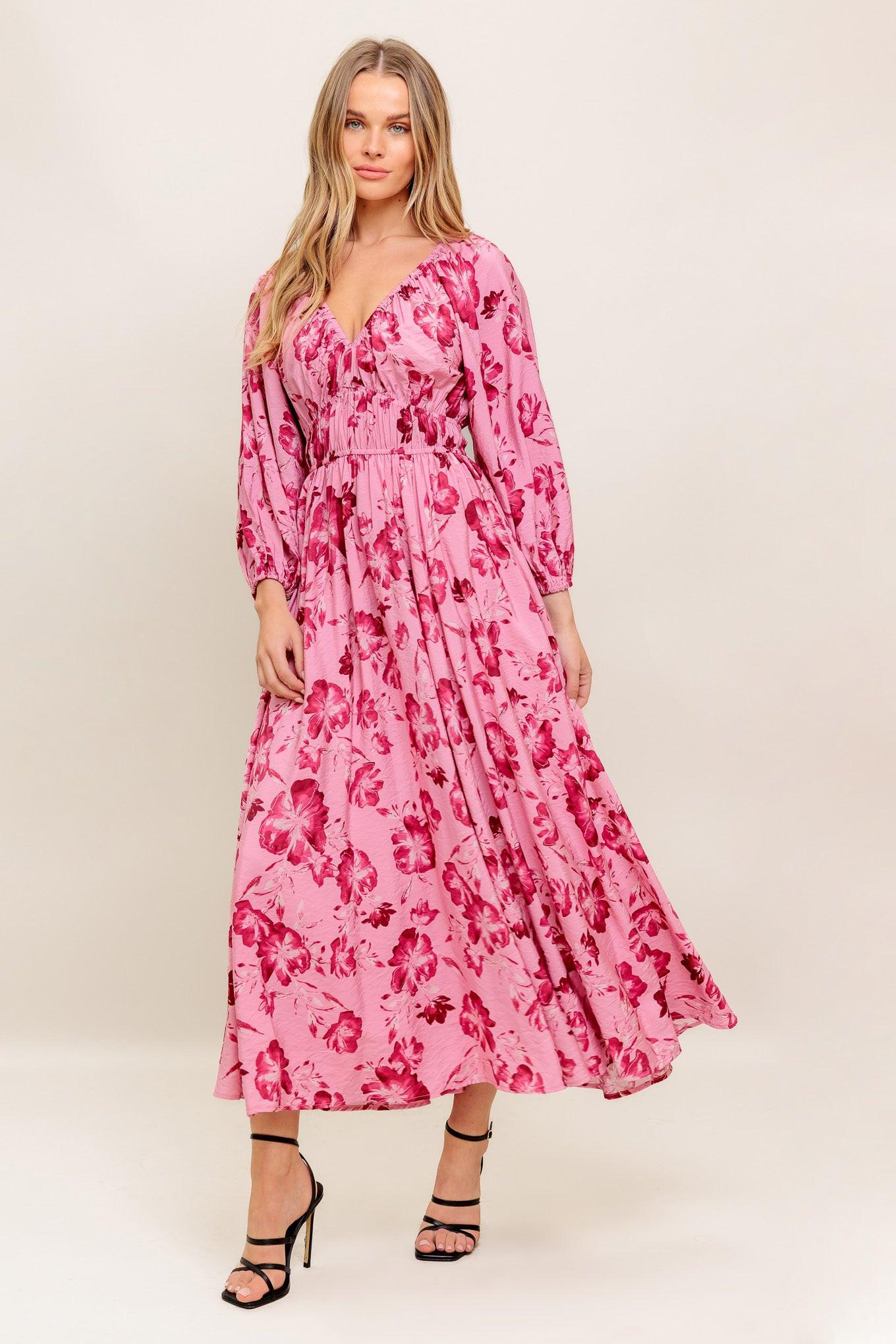 Flying Tomato Honey Bun Mouve Woven Midi Dress, showcasing the graceful back design and flowy midi length. An elegant and qua