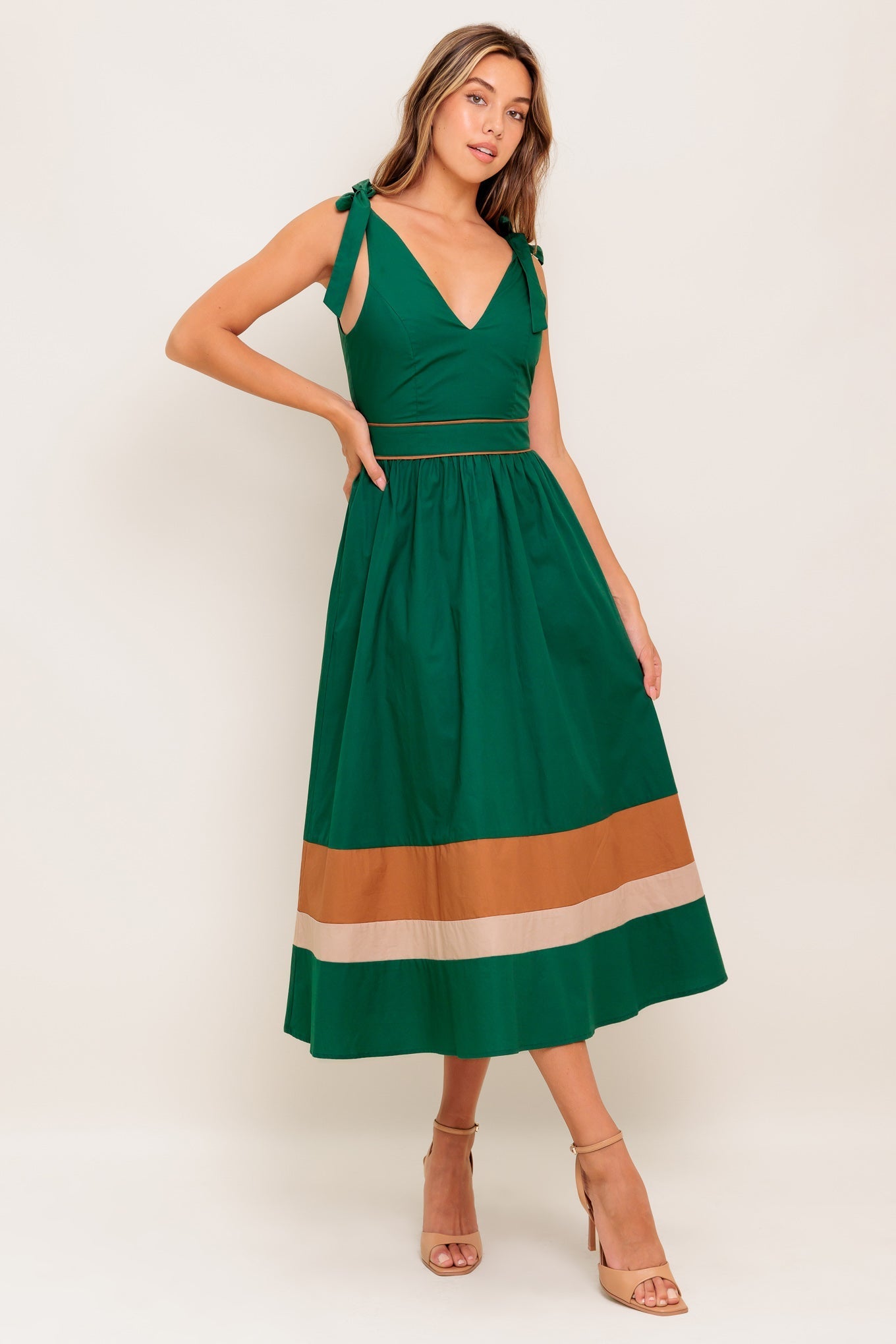 FOREST CHARM WOVEN COLOR BLOCKED MIDI DRESS Flying Tomato
