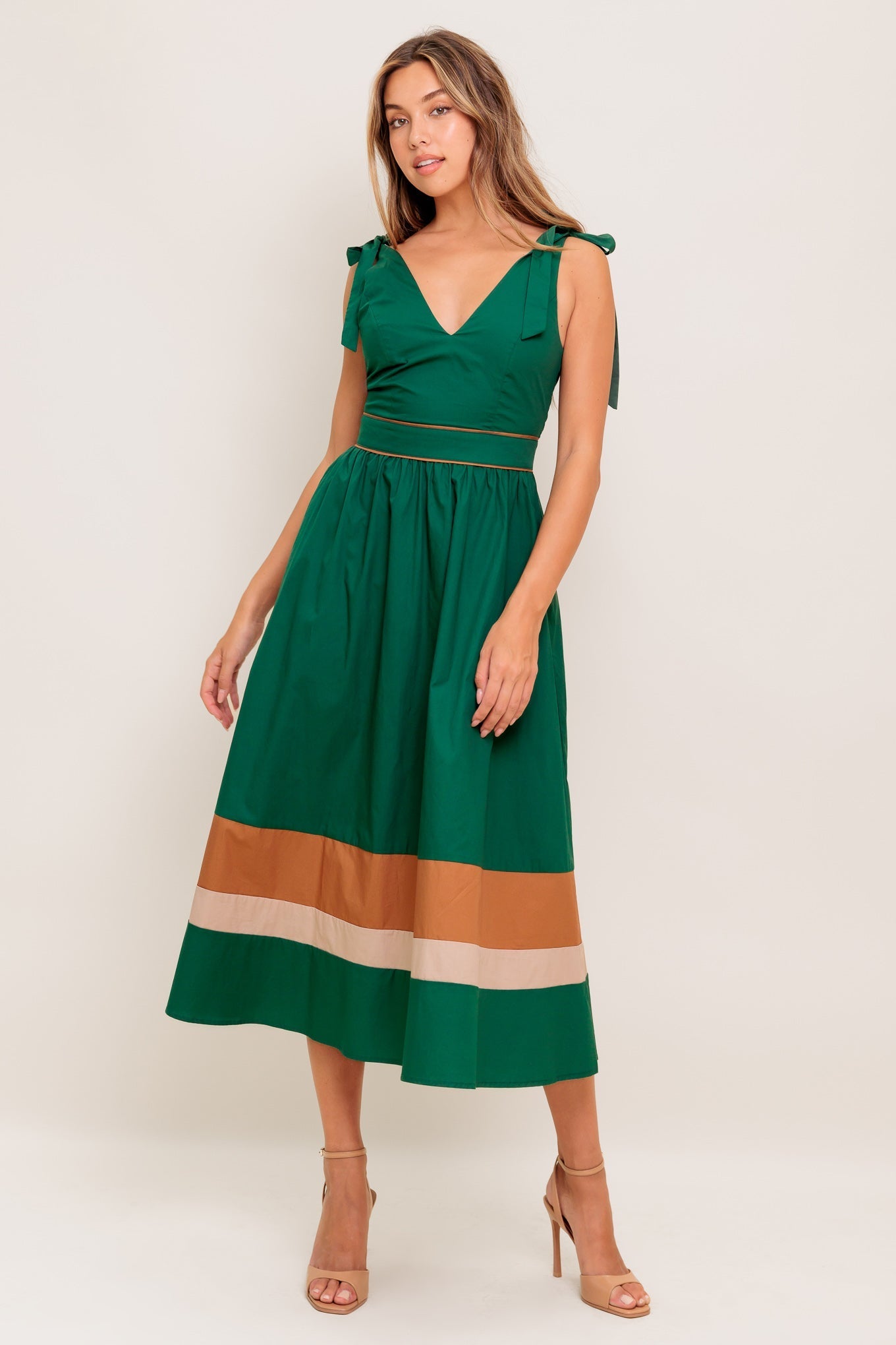 FOREST CHARM WOVEN COLOR BLOCKED MIDI DRESS Flying Tomato