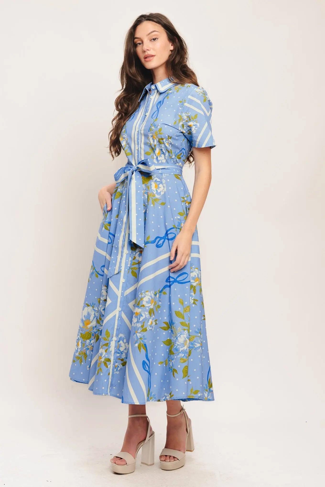 Sweet Sophisticate Printed Woven Midi Dress With Belt Tie Flying Tomato