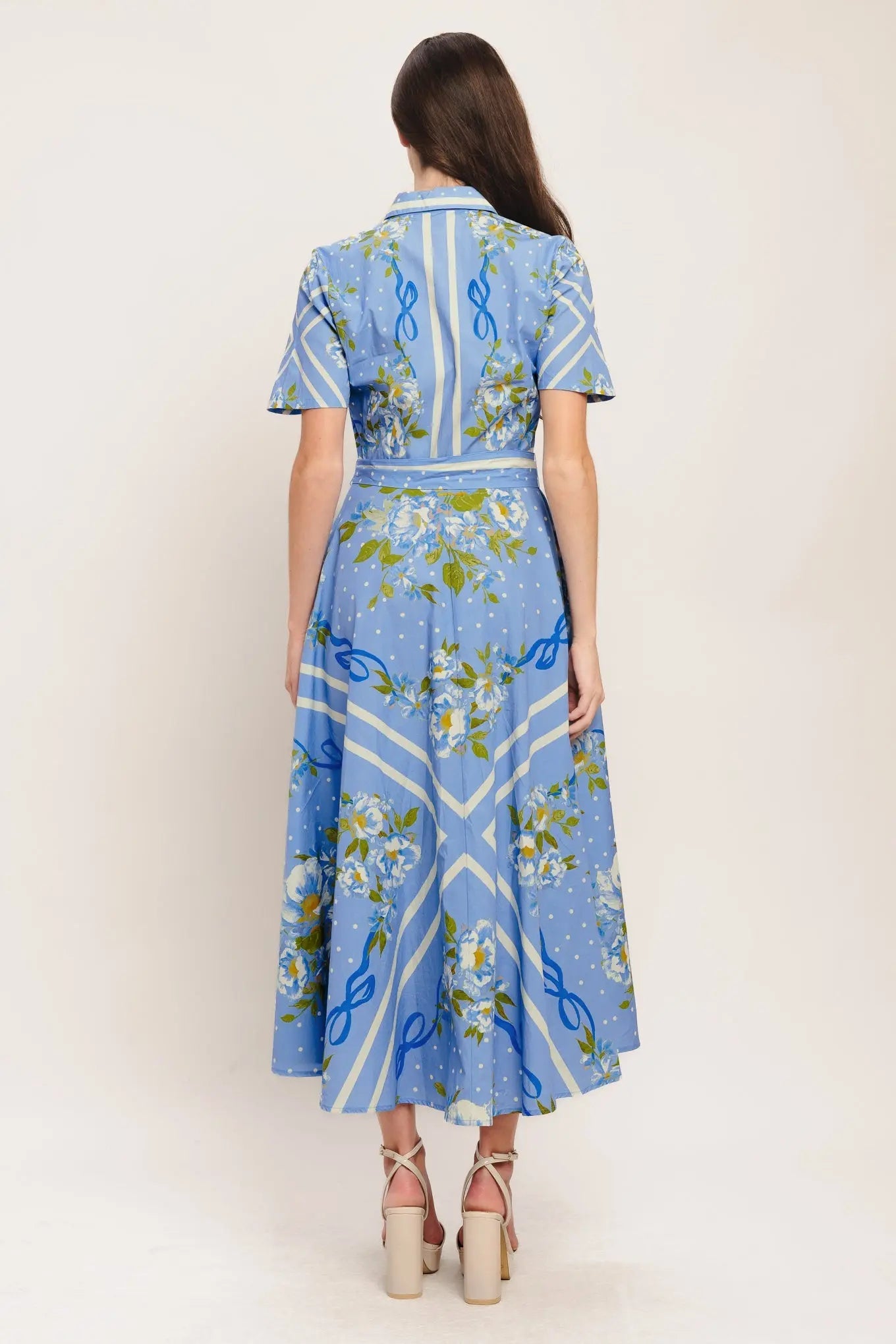 Sweet Sophisticate Printed Woven Midi Dress With Belt Tie Flying Tomato
