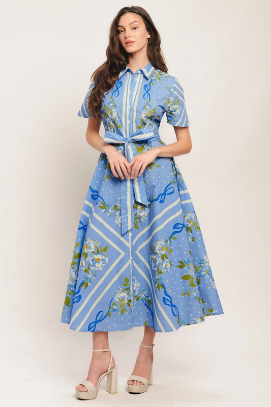 Sweet Sophisticate Printed Woven Midi Dress With Belt Tie Flying Tomato