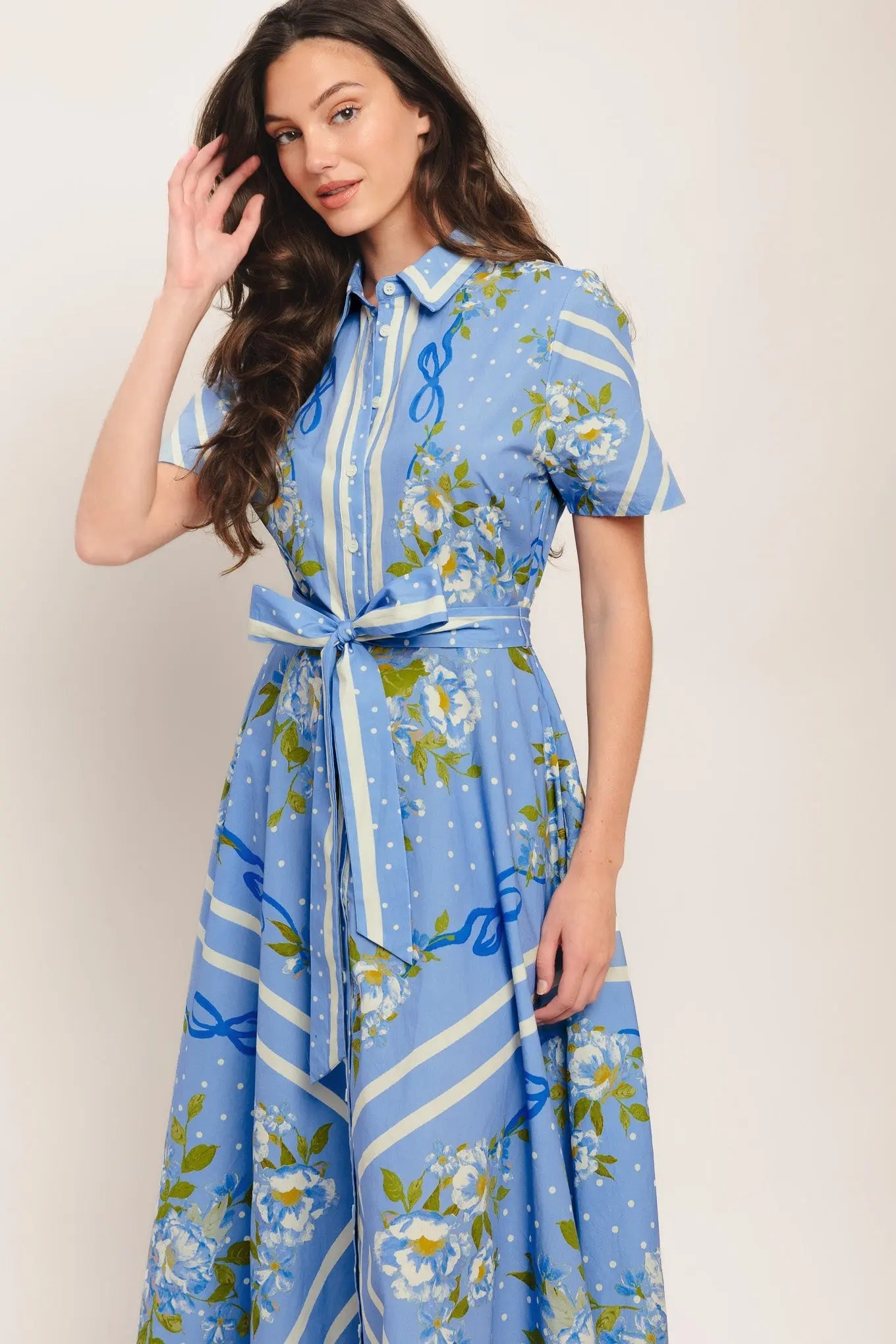 Sweet Sophisticate Printed Woven Midi Dress With Belt Tie Flying Tomato