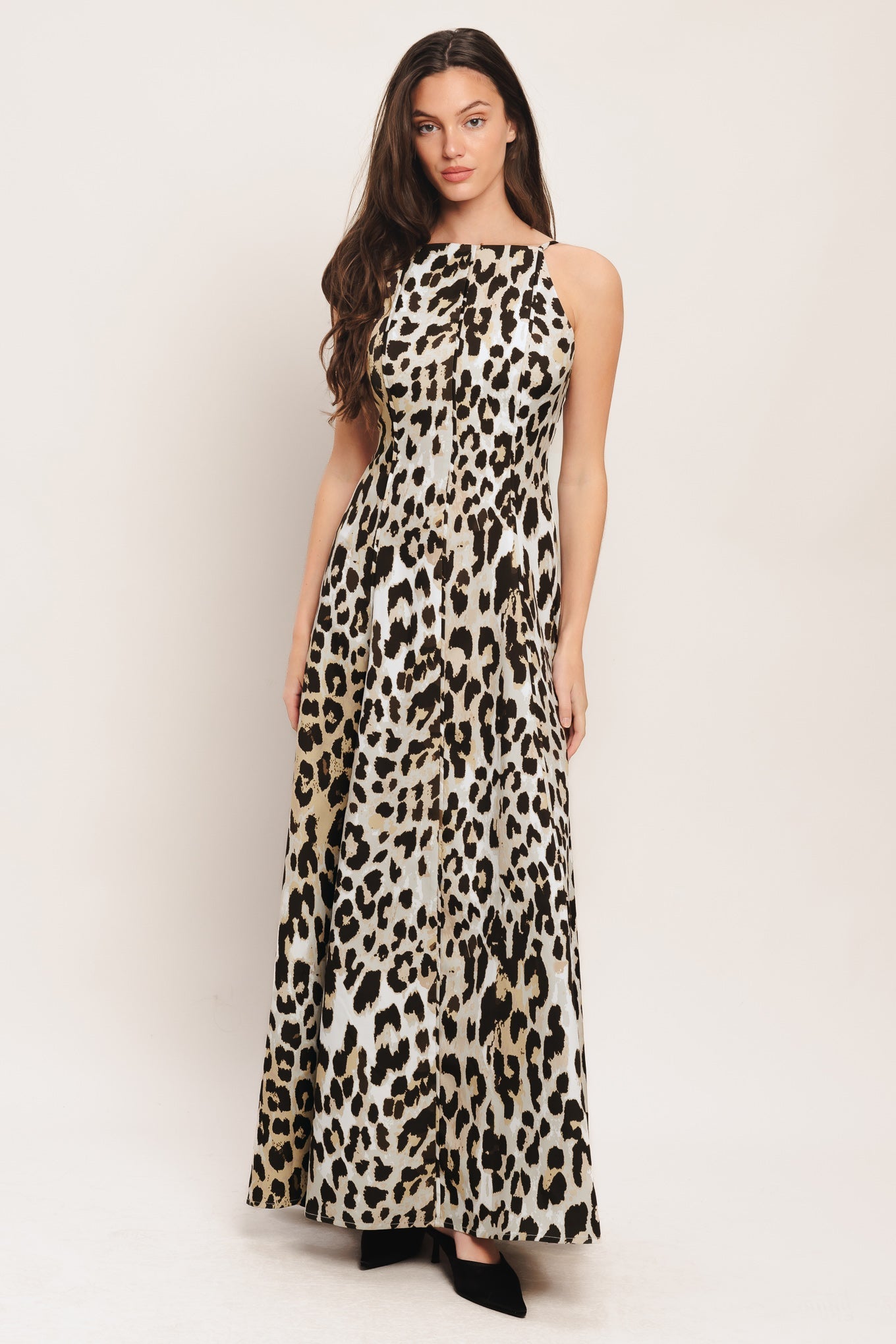 Leopard Print Woven Maxi Dress With Straps And Back Zipper Flying Tomato