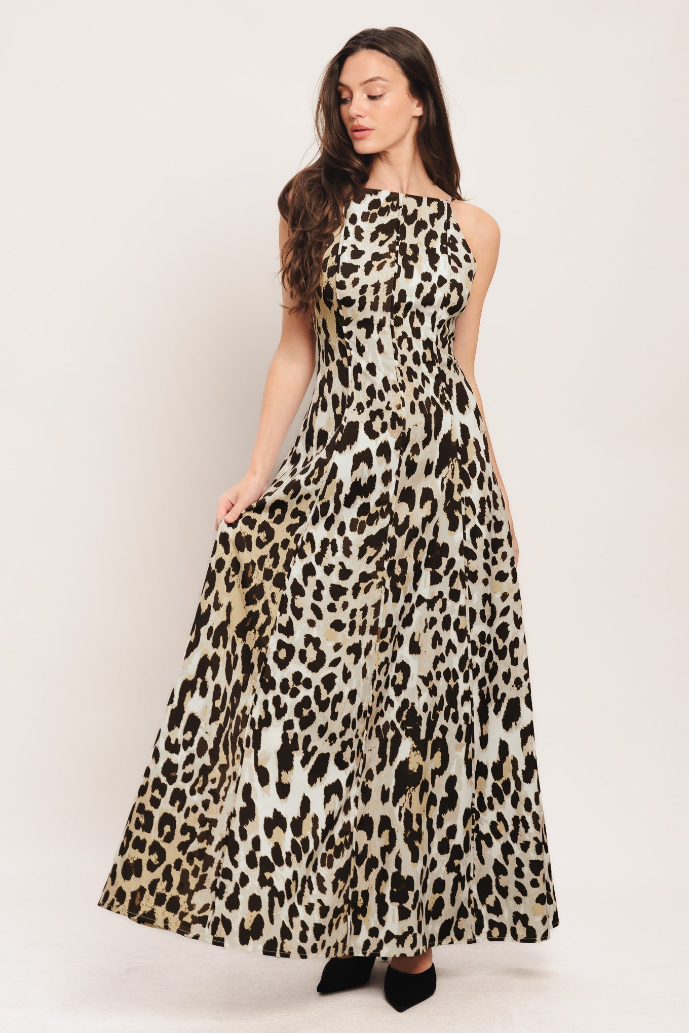 Leopard Print Woven Maxi Dress With Straps And Back Zipper Flying Tomato
