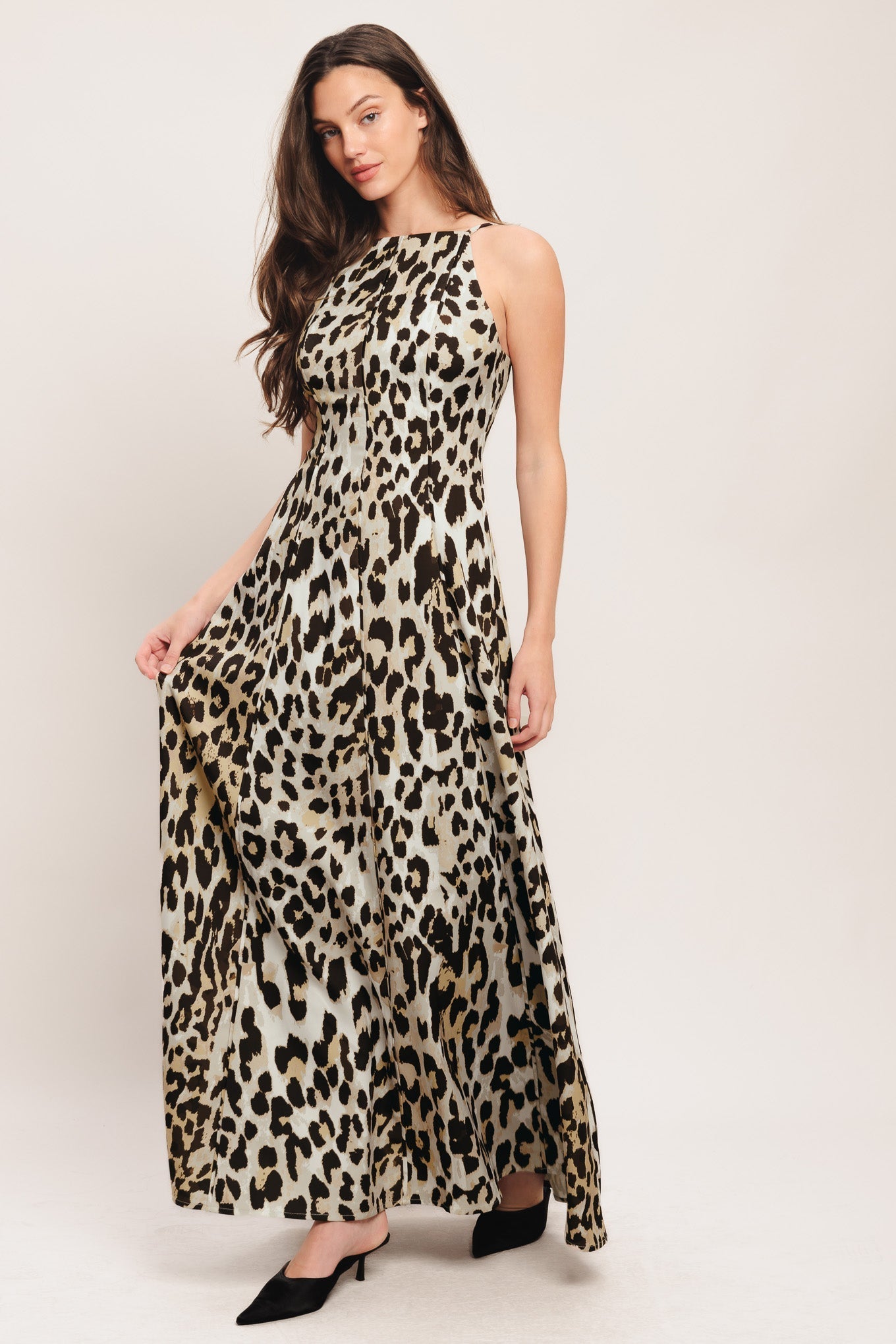 Leopard Print Woven Maxi Dress With Straps And Back Zipper Flying Tomato