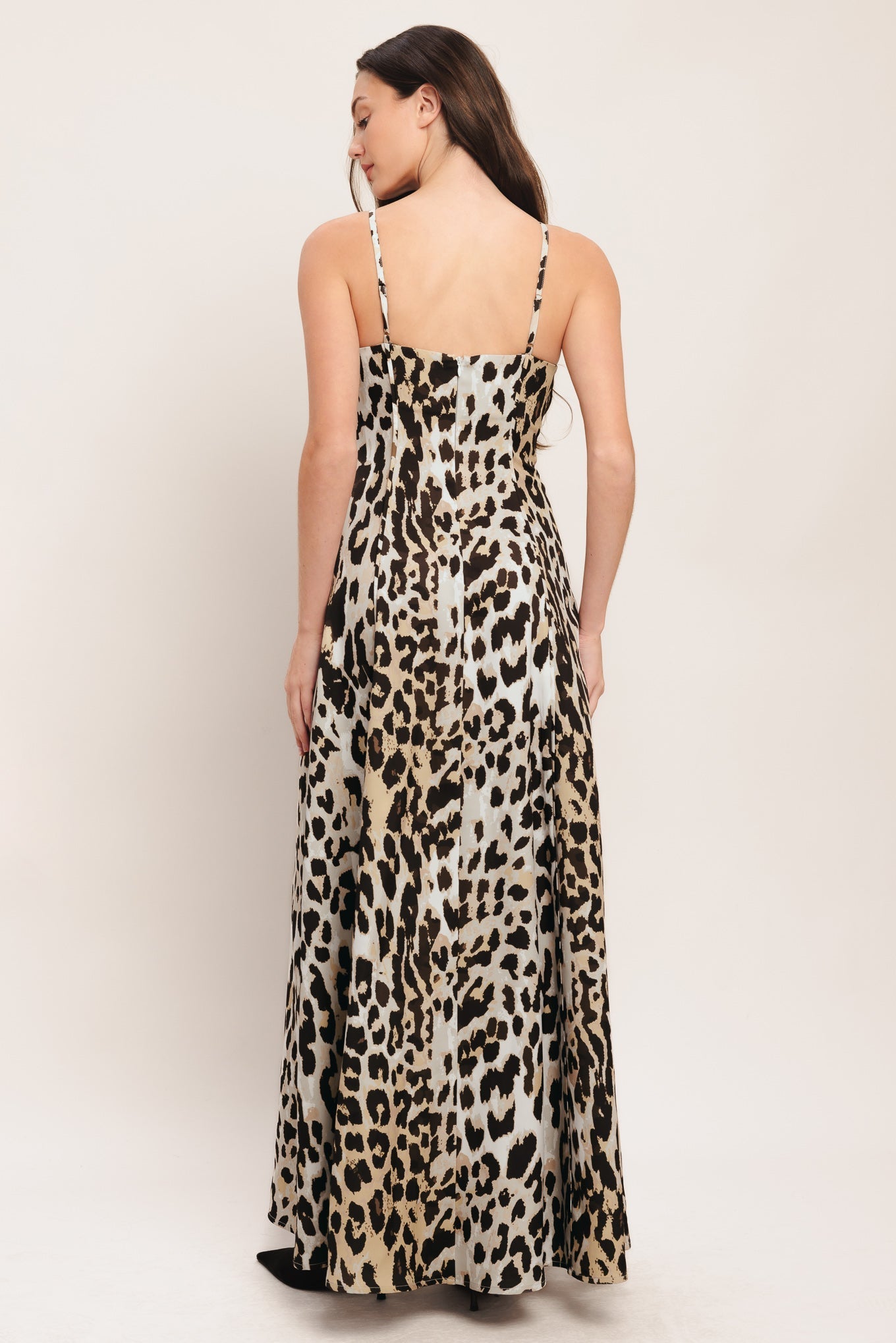 Leopard Print Woven Maxi Dress With Straps And Back Zipper Flying Tomato