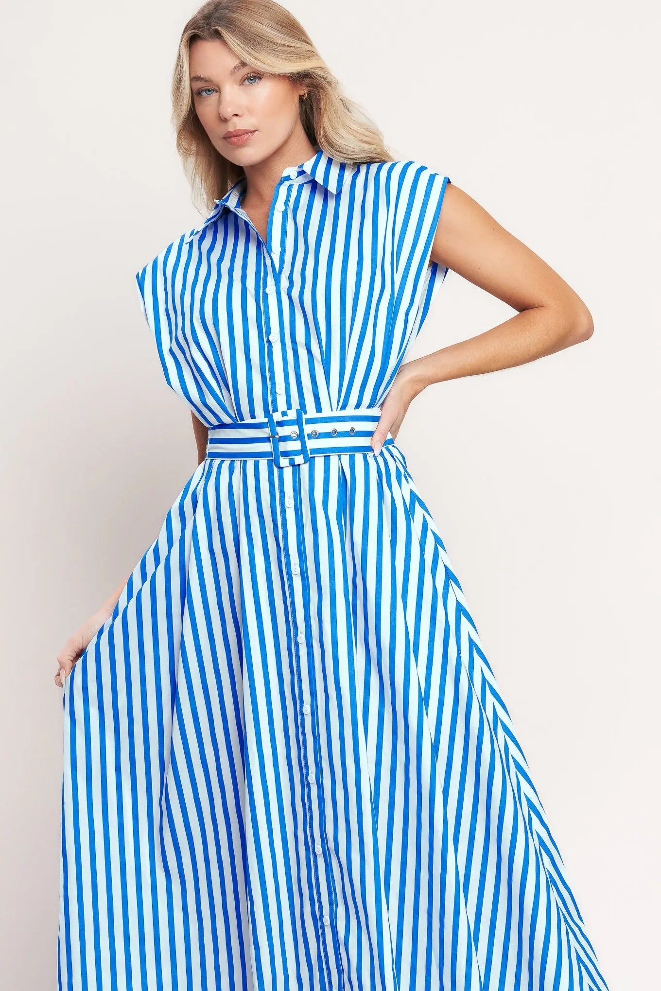 Bistro Stripe Woven Cotton Midi Dress With Self Belt Collar Button Down Flying Tomato