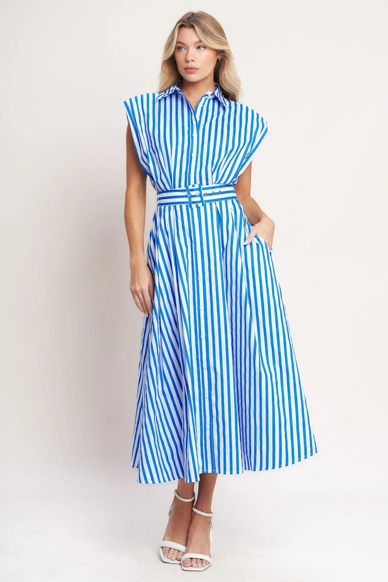 Bistro Stripe Woven Cotton Midi Dress With Self Belt Collar Button Down Flying Tomato