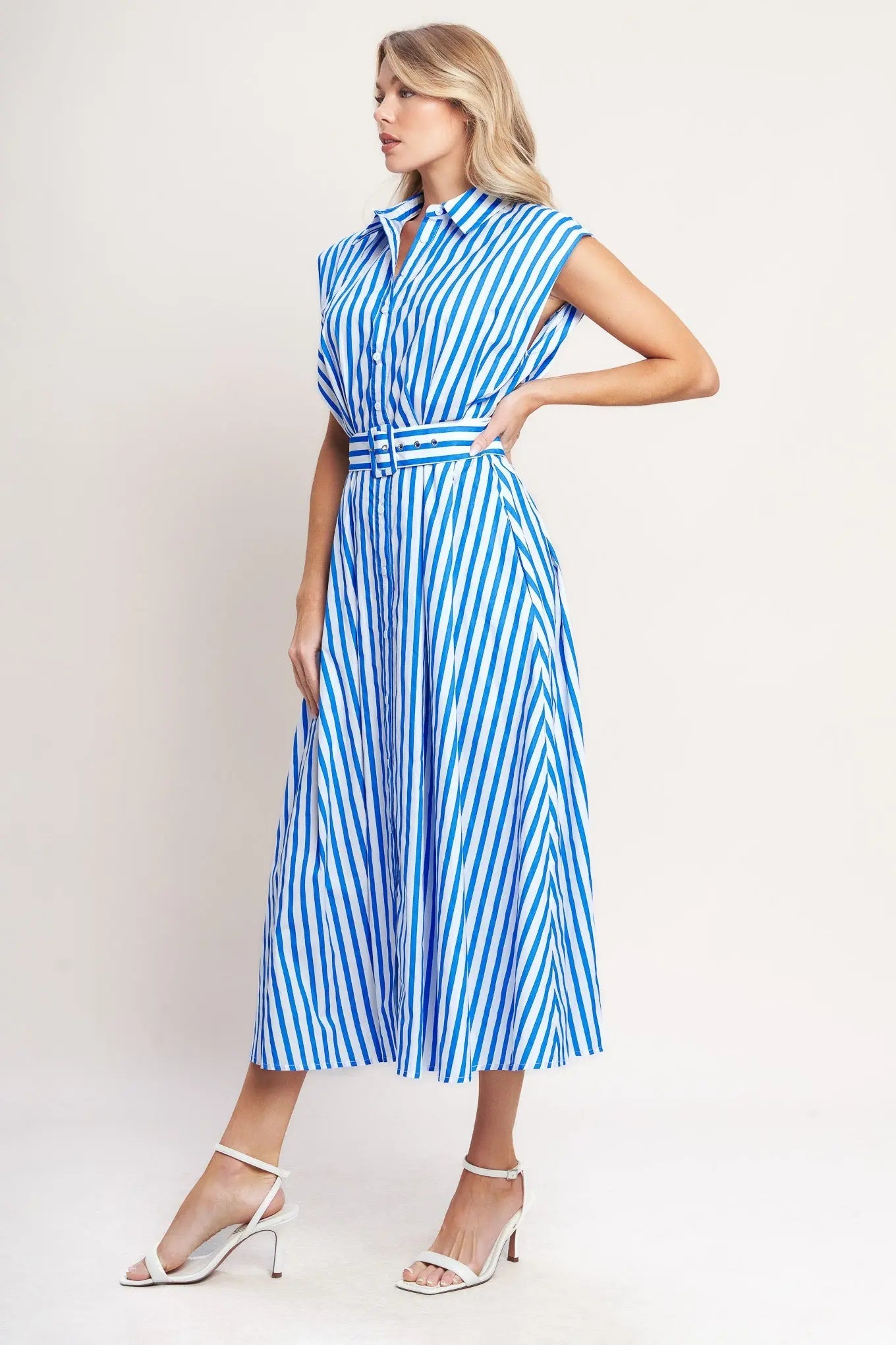 Bistro Stripe Woven Cotton Midi Dress With Self Belt Collar Button Down Flying Tomato