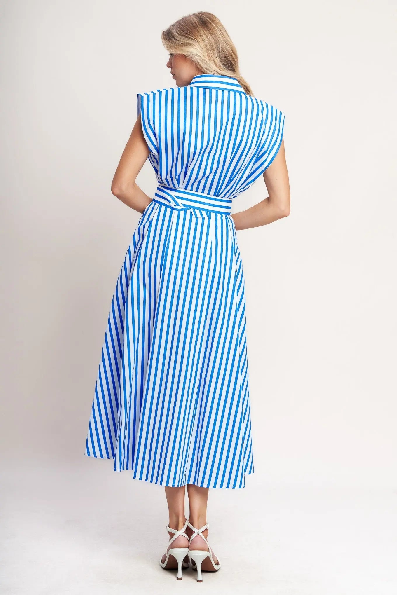 Bistro Stripe Woven Cotton Midi Dress With Self Belt Collar Button Down Flying Tomato