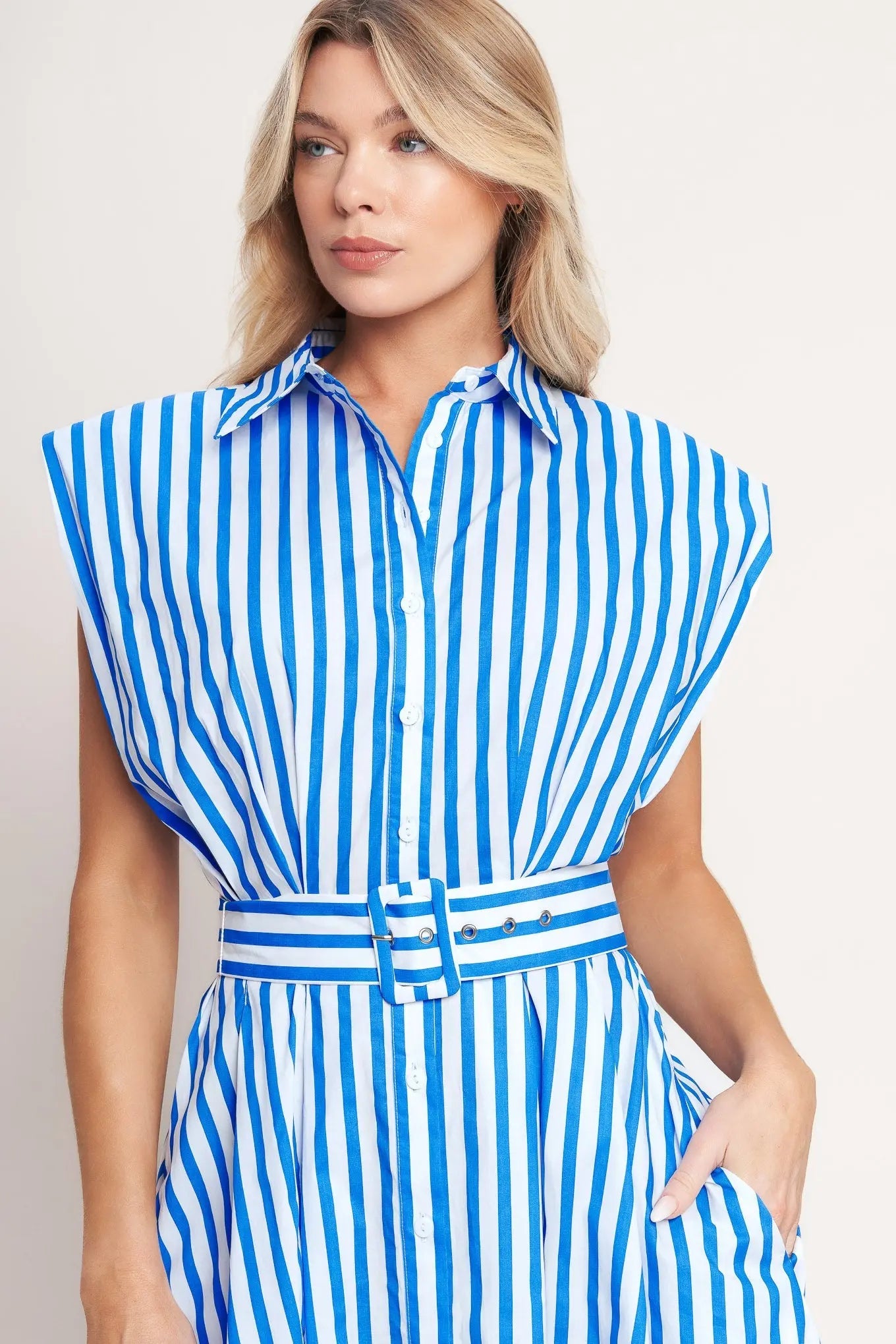Bistro Stripe Woven Cotton Midi Dress With Self Belt Collar Button Down Flying Tomato