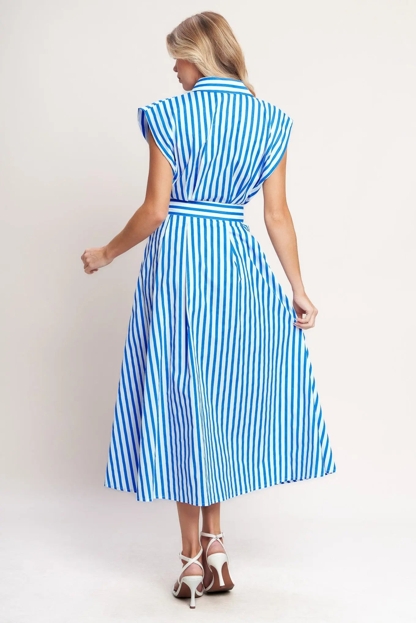 Bistro Stripe Woven Cotton Midi Dress With Self Belt Collar Button Down Flying Tomato