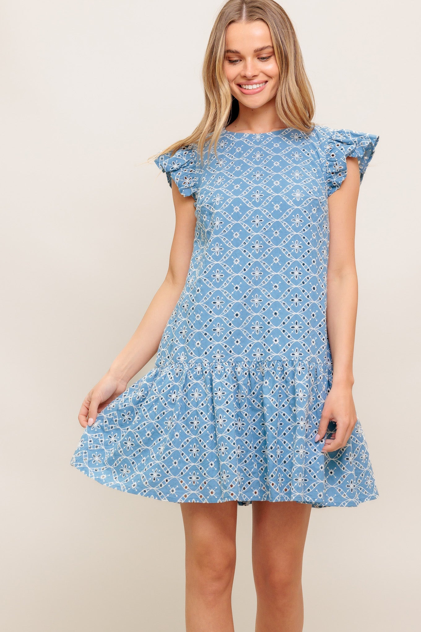 Cupcake Smile Woven Eyelet Babydoll Dress Round Neckline
