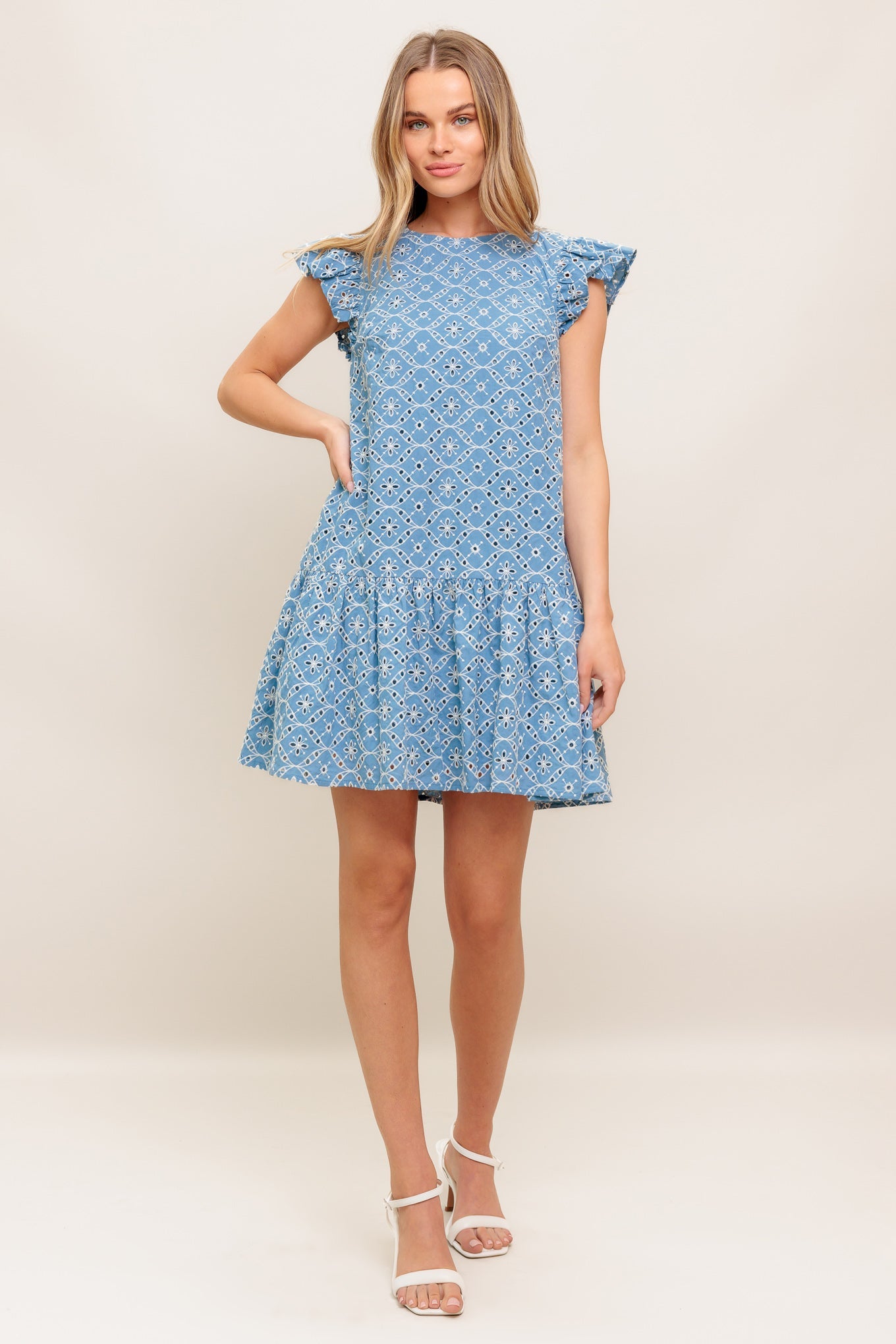 Cupcake Smile Woven Eyelet Babydoll Dress Round Neckline