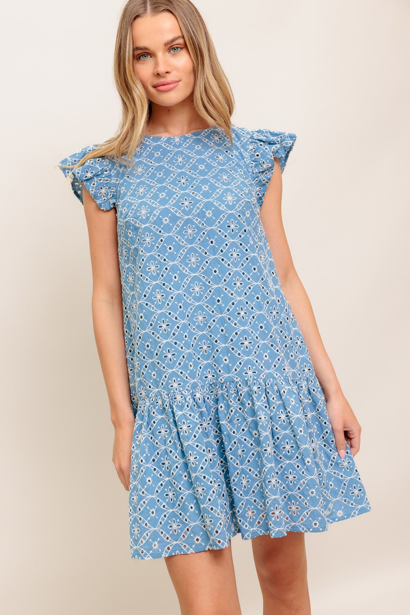Cupcake Smile Woven Eyelet Babydoll Dress Round Neckline
