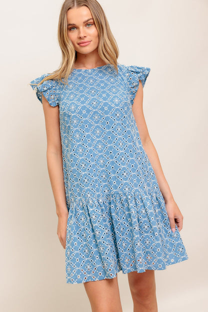 Cupcake Smile Woven Eyelet Babydoll Dress Round Neckline