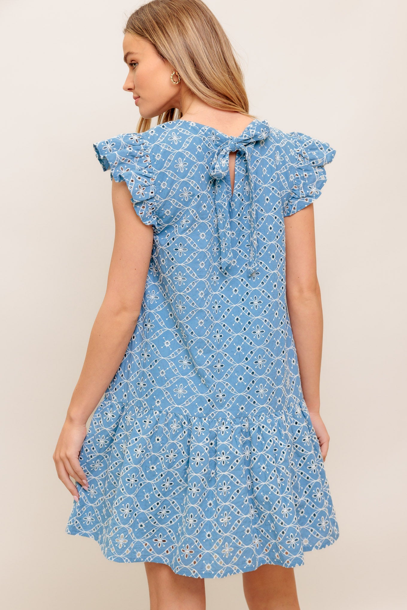 Cupcake Smile Woven Eyelet Babydoll Dress Round Neckline