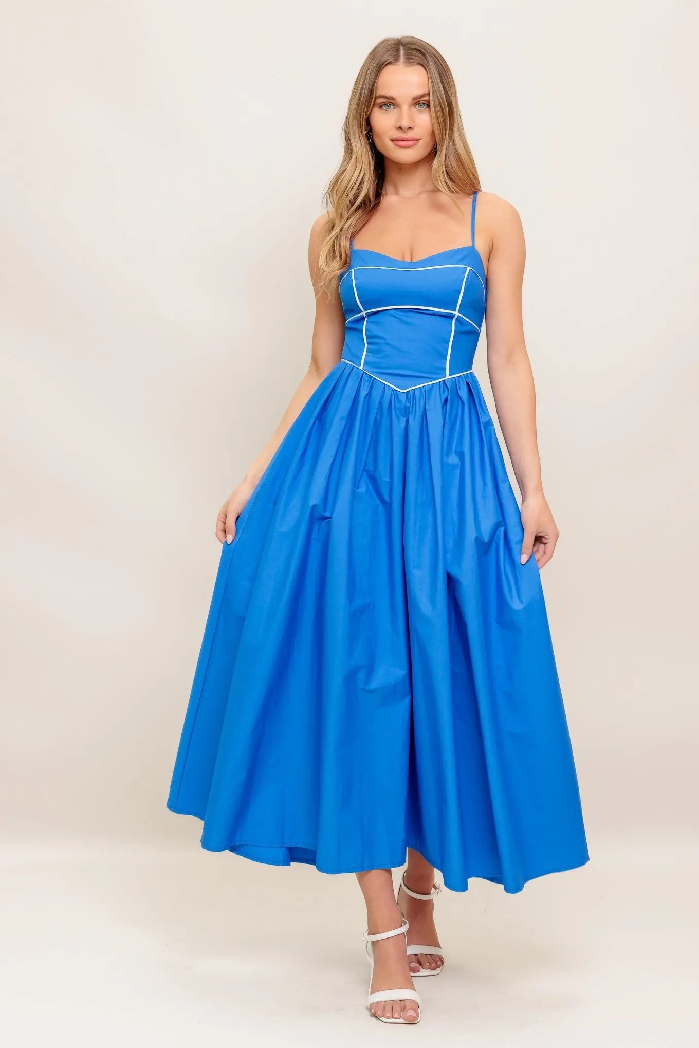 Kissable Knot Blue Woven Midi Dress With Sweetheart Neckline Straps Basque Waist Flying Tomato