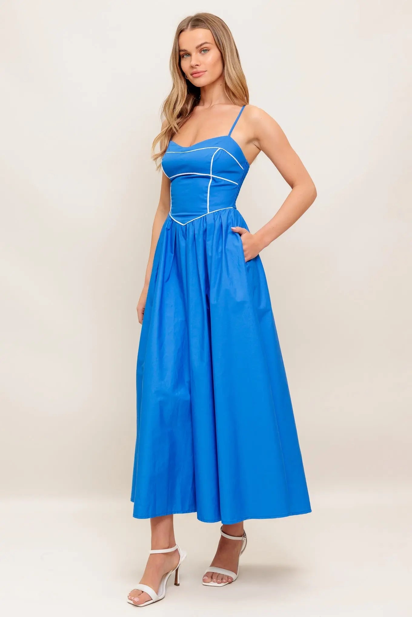 Kissable Knot Blue Woven Midi Dress With Sweetheart Neckline Straps Basque Waist Flying Tomato