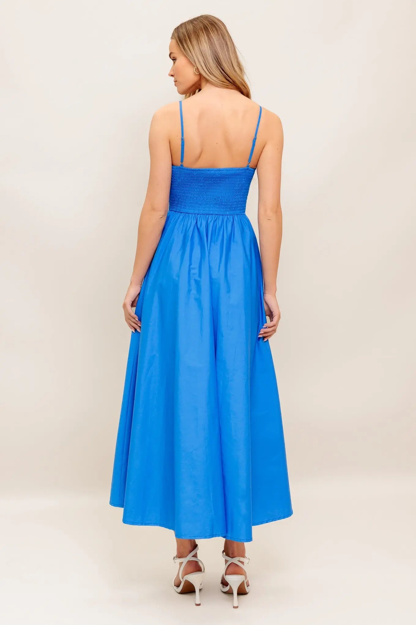 Kissable Knot Blue Woven Midi Dress With Sweetheart Neckline Straps Basque Waist Flying Tomato