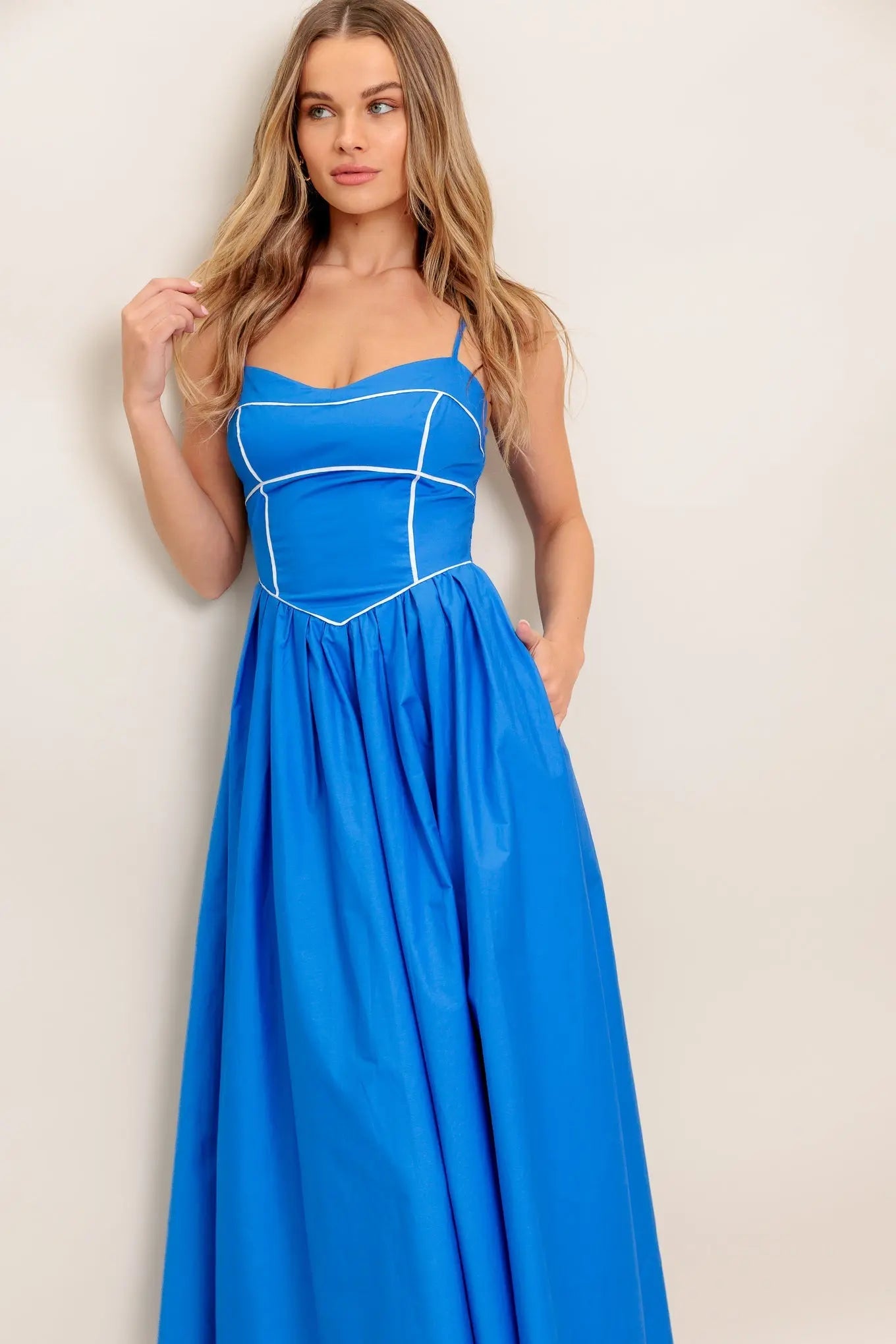 Kissable Knot Blue Woven Midi Dress With Sweetheart Neckline Straps Basque Waist Flying Tomato