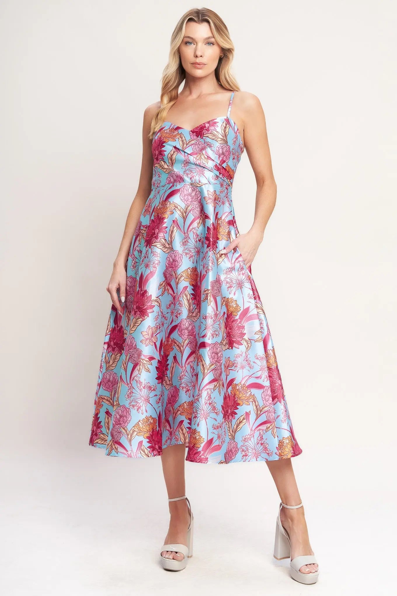 Floral Print Woven Midi Dress With Surplice Neckline Straps Flying Tomato