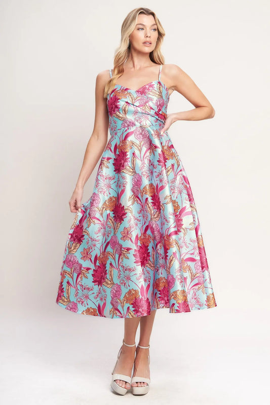 Floral Print Woven Midi Dress With Surplice Neckline Straps Flying Tomato