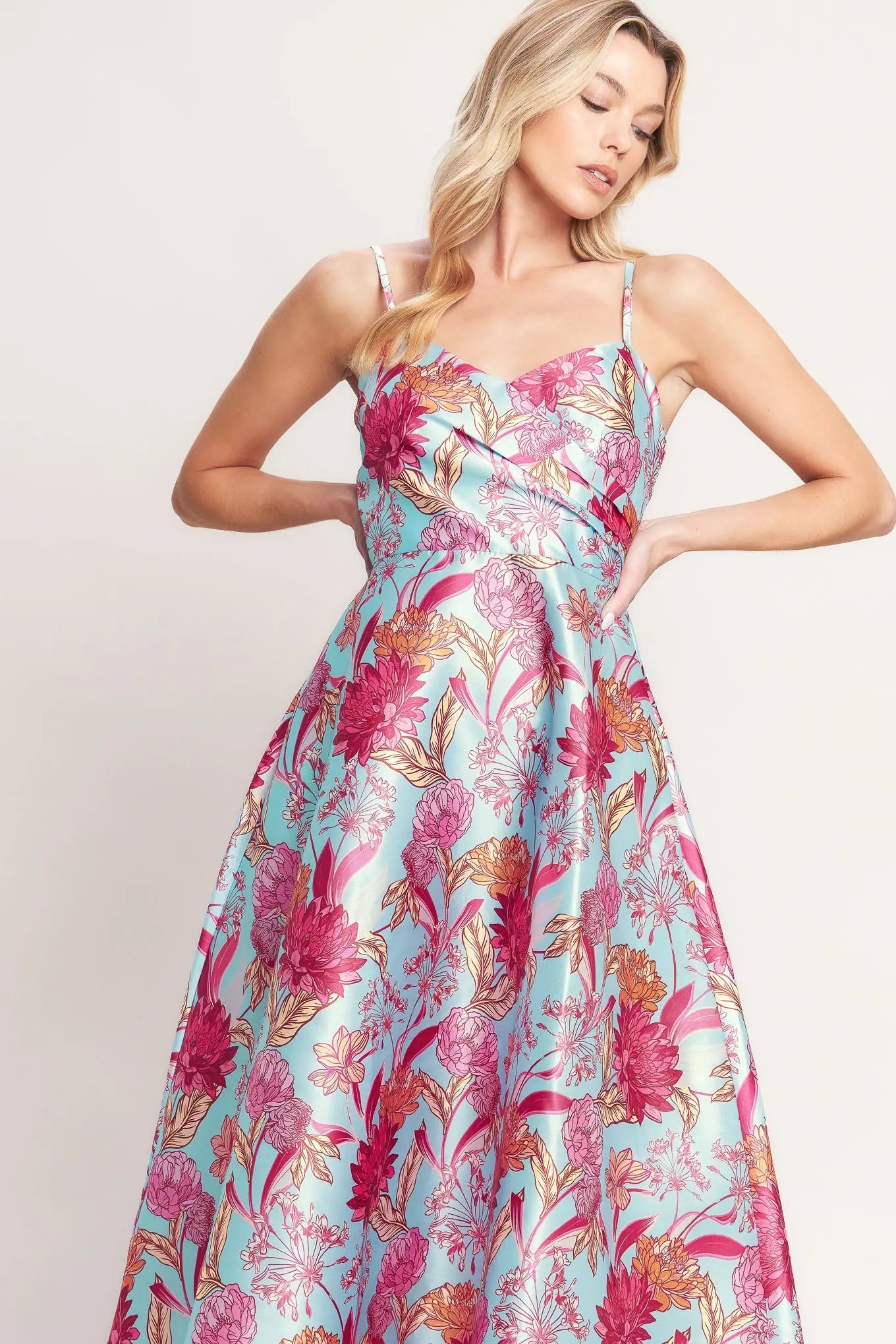 Floral Print Woven Midi Dress With Surplice Neckline Straps Flying Tomato