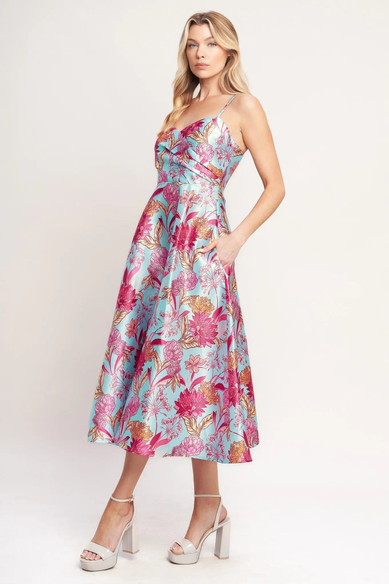 Floral Print Woven Midi Dress With Surplice Neckline Straps Flying Tomato